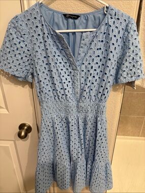 Light Blue Eyelet Short Sleeve Dress